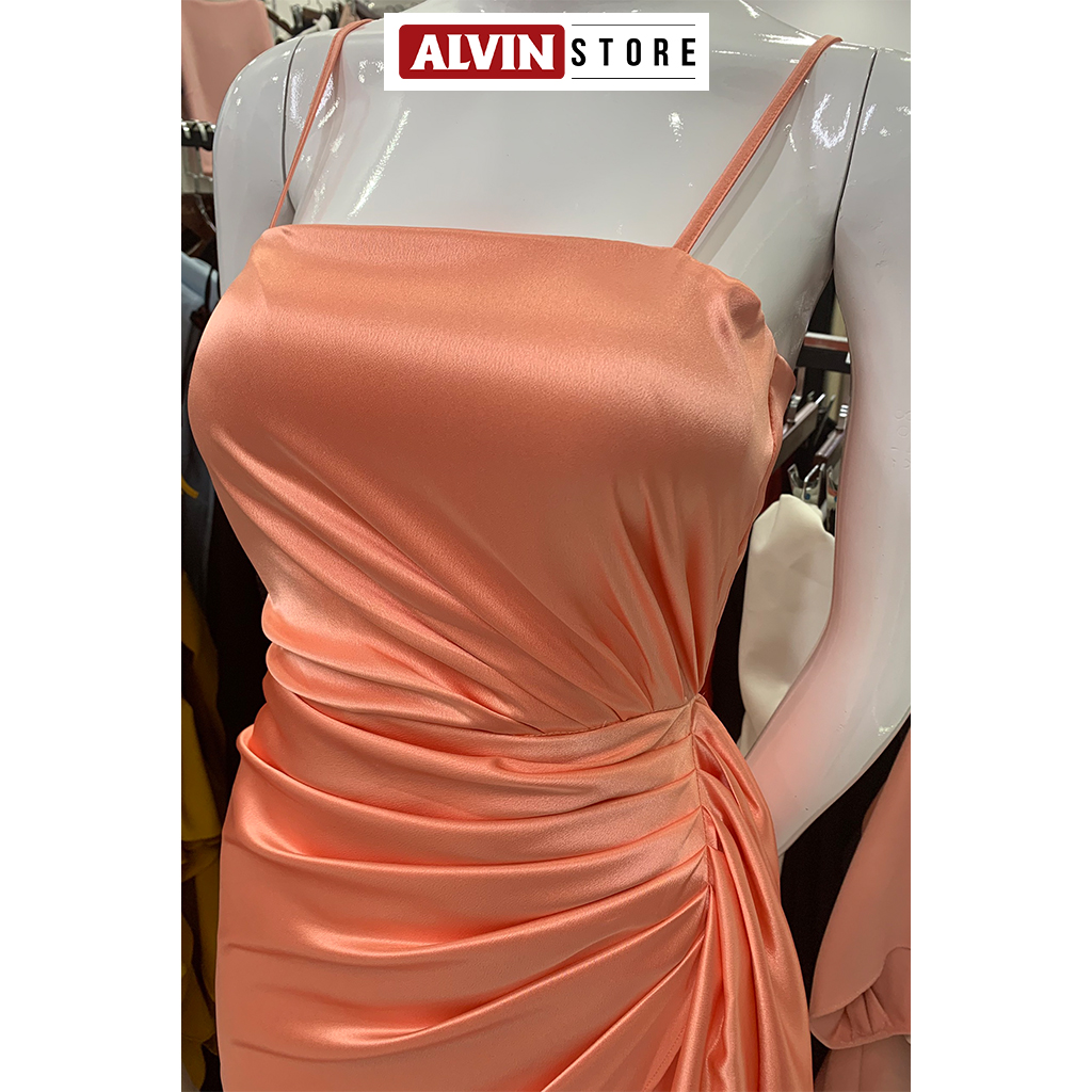 Đầm dạ hội kiểu 2 dây cúp ngực xẻ tà nơ eo sang trọng (Đỏ)