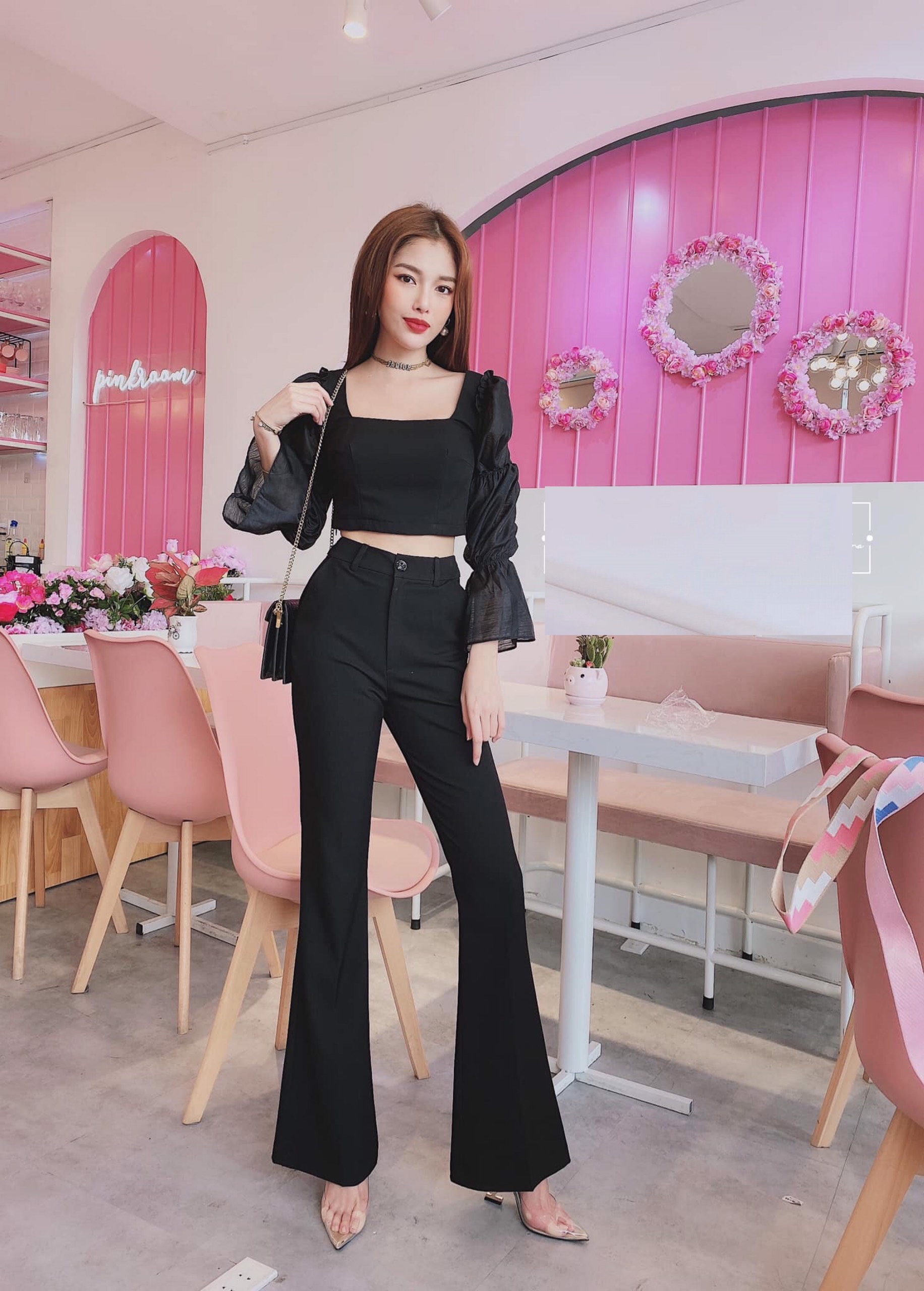 Set áo quần kiểu áo tay dài phồng và quần ống loe (Nude)