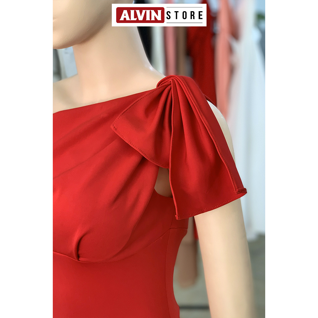 Đầm ôm body kiểu lệch vai nơ vai xếp ly bụng (Trắng)