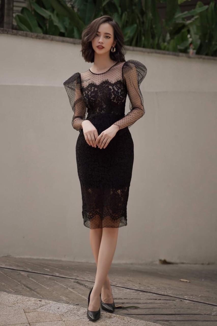 Đầm ren kiểu ôm body tay dài phồng phối lưới (Trắng)