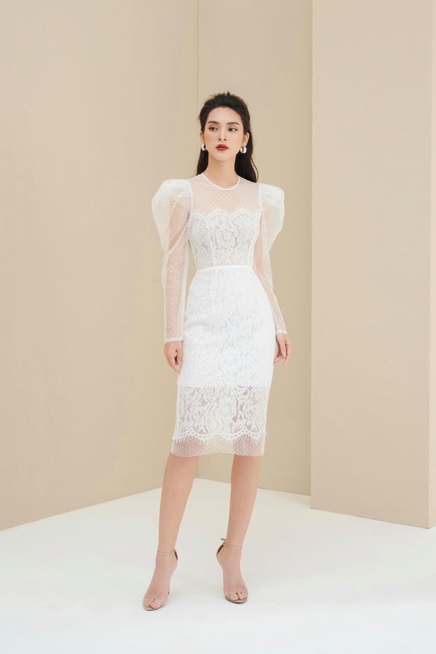 Đầm ren kiểu ôm body tay dài phồng phối lưới (Trắng)