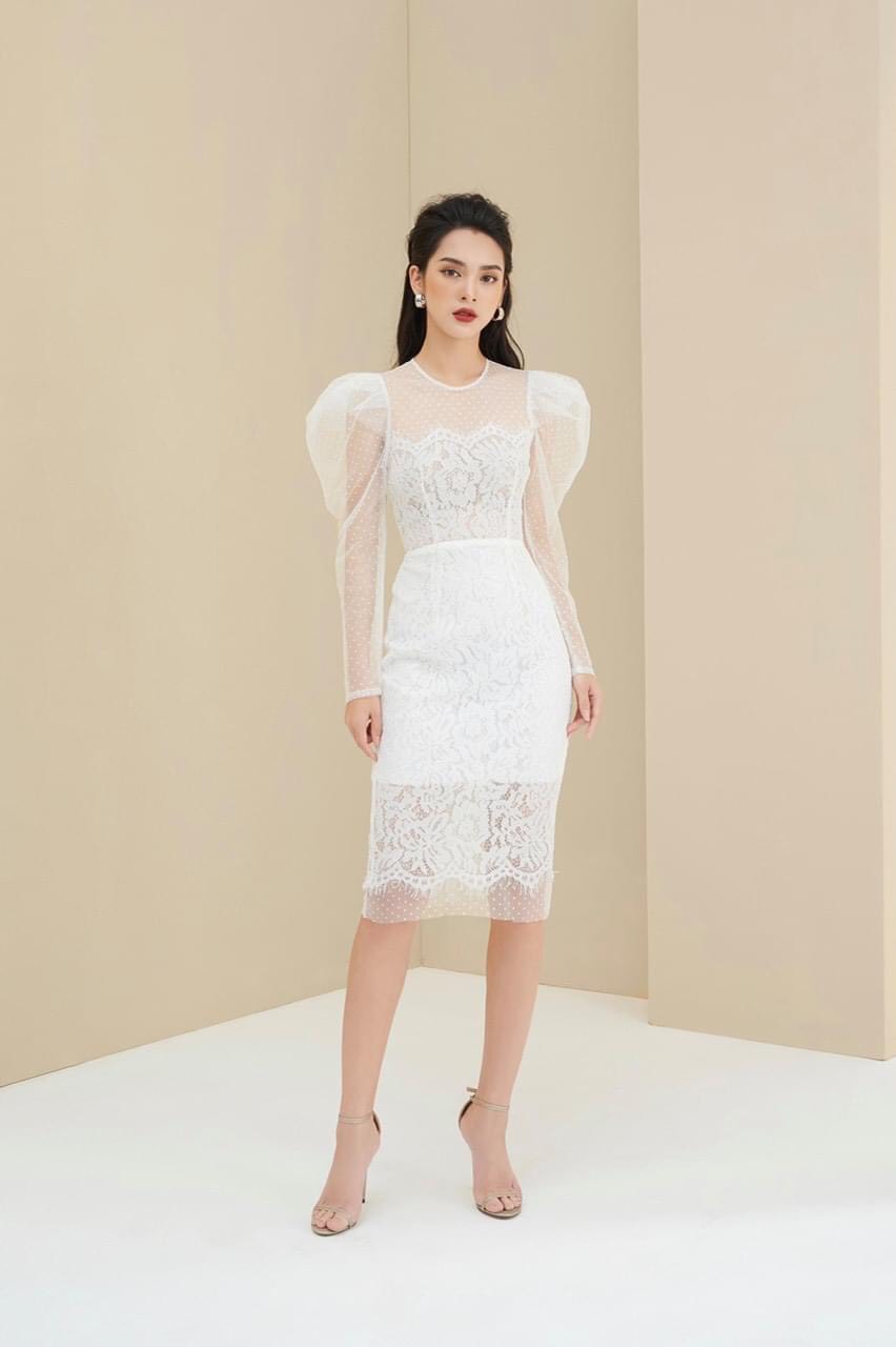 Đầm ren kiểu ôm body tay dài phồng phối lưới (Trắng)