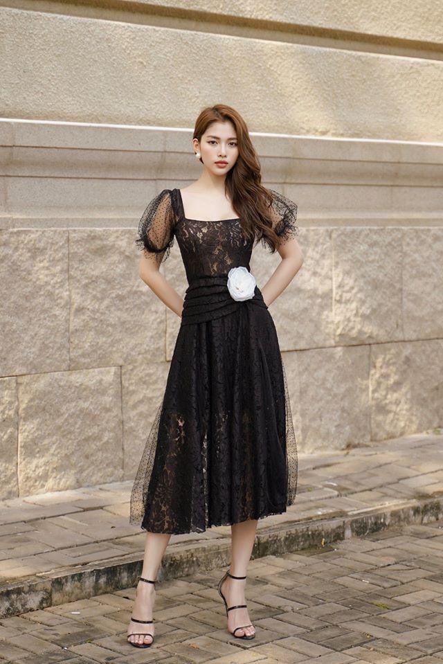 Đầm ren xoè kiểu cổ vuông tay phồng phối lưới (Trắng)