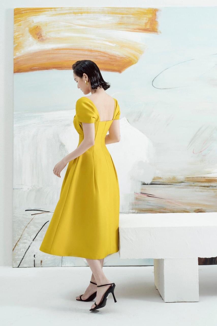 Đầm xoè dài kiểu cúp ngực phối tay con (Nâu)