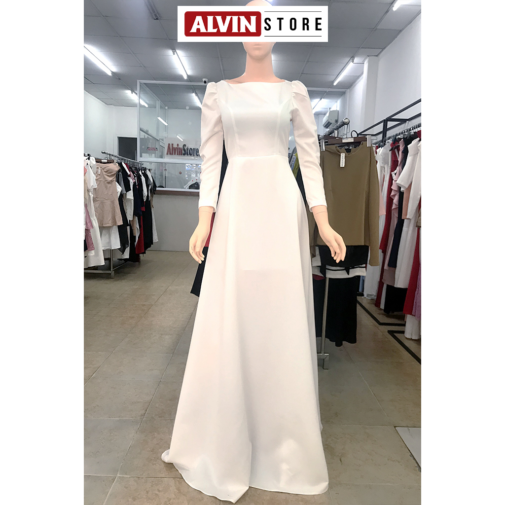 Đầm dạ hội kiểu tay dài cổ thuyền phối nút