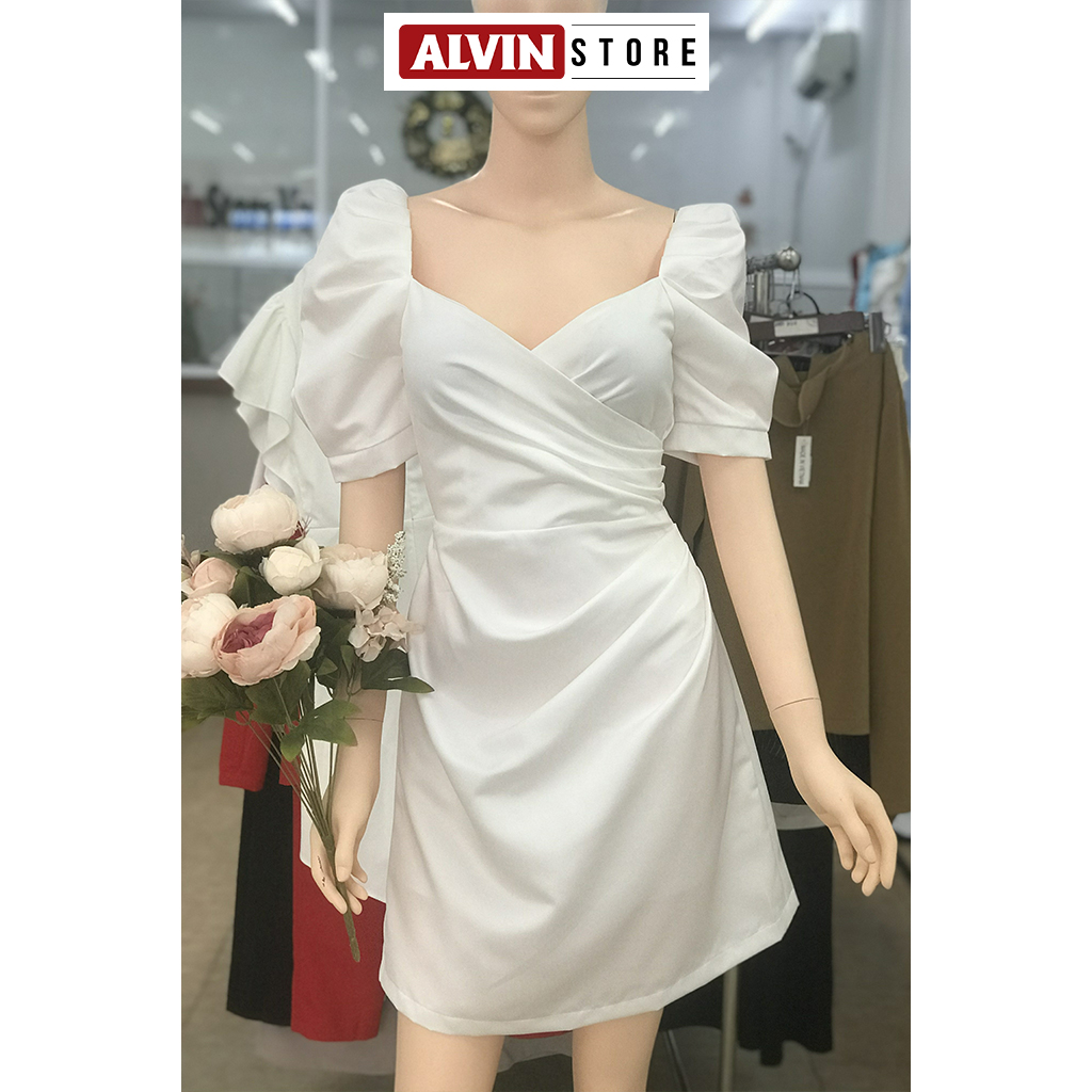 Đầm xòe kiểu đắp chéo ngực tay phồng xếp ly eo