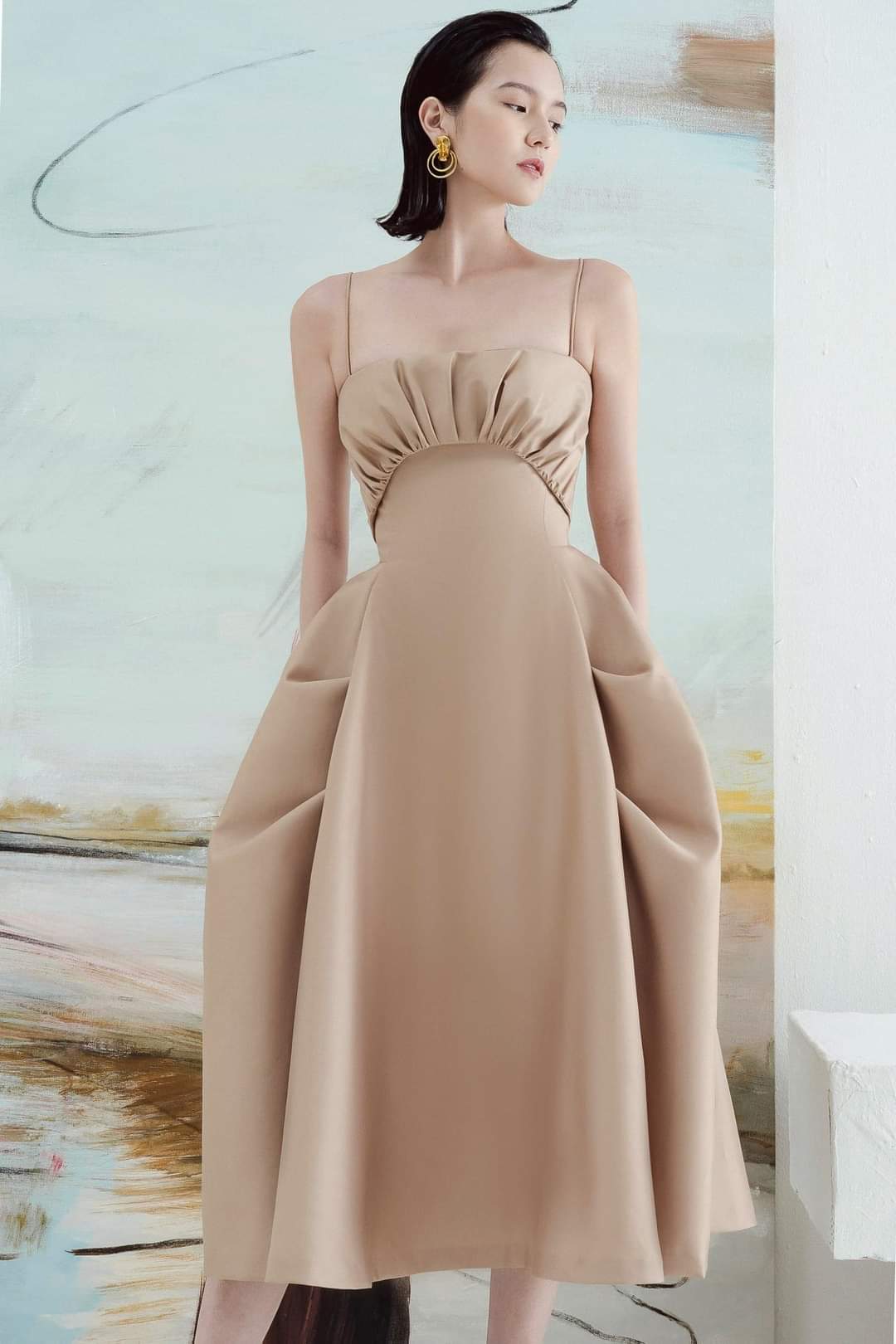 Đầm dáng xòe cách điệu hai dây cúp ngực dự tiệc sang trọng (Nude)