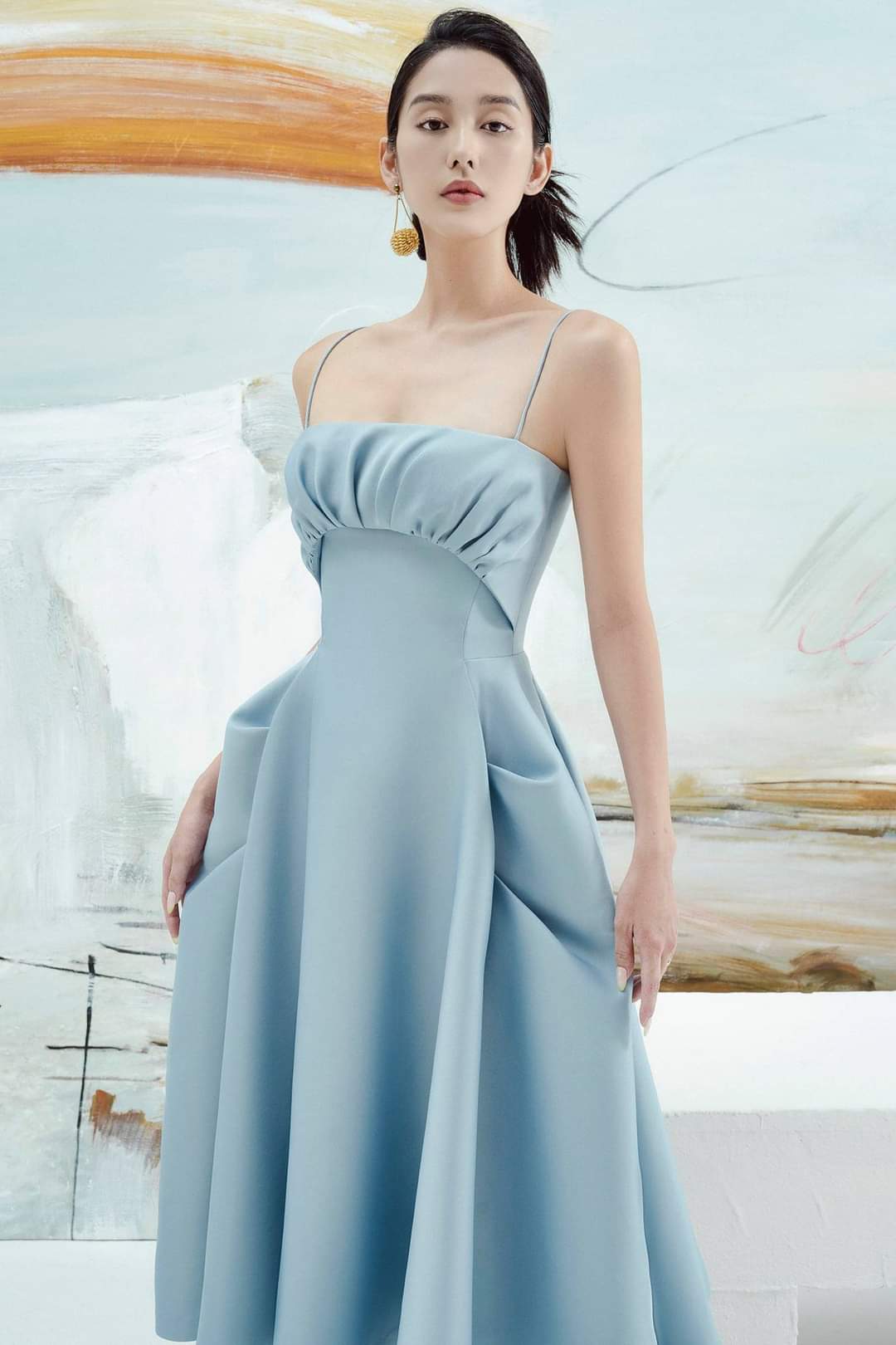 Đầm dáng xòe cách điệu hai dây cúp ngực dự tiệc sang trọng (Nude)