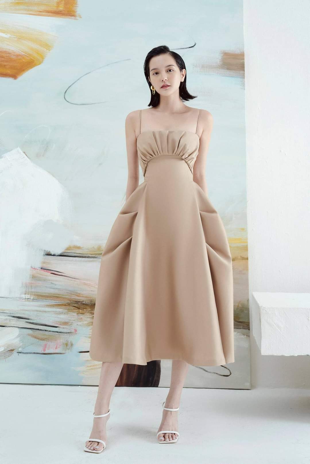 Đầm dáng xòe cách điệu hai dây cúp ngực dự tiệc sang trọng (Nude)