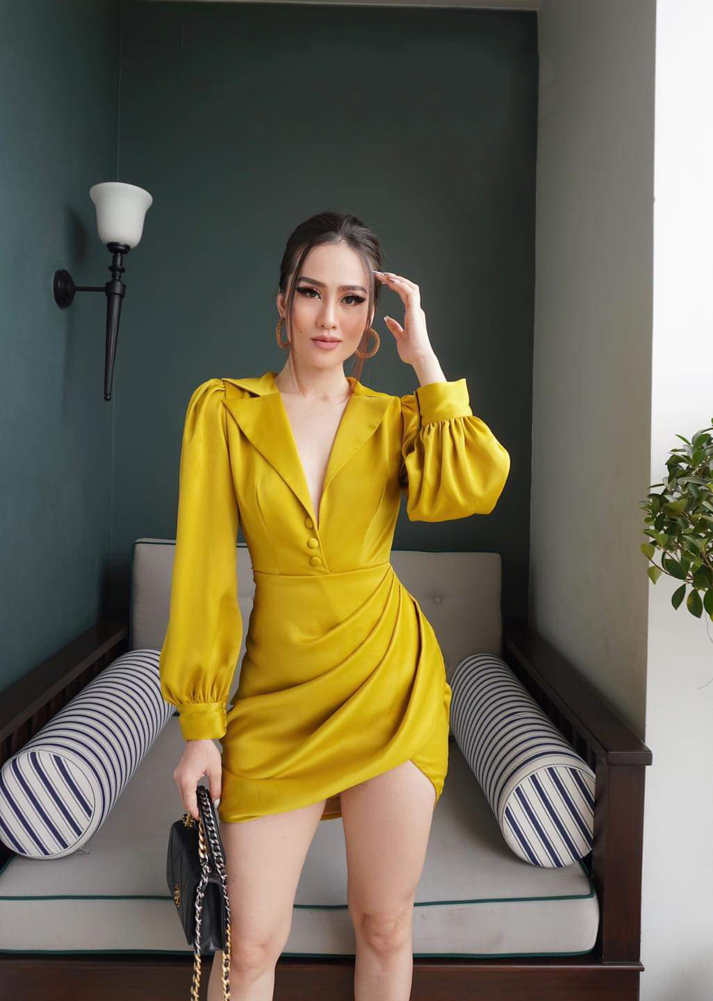 Đầm ôm body kiểu đầm sơmi tay dài phồng xếp ly bụng (Vàng)