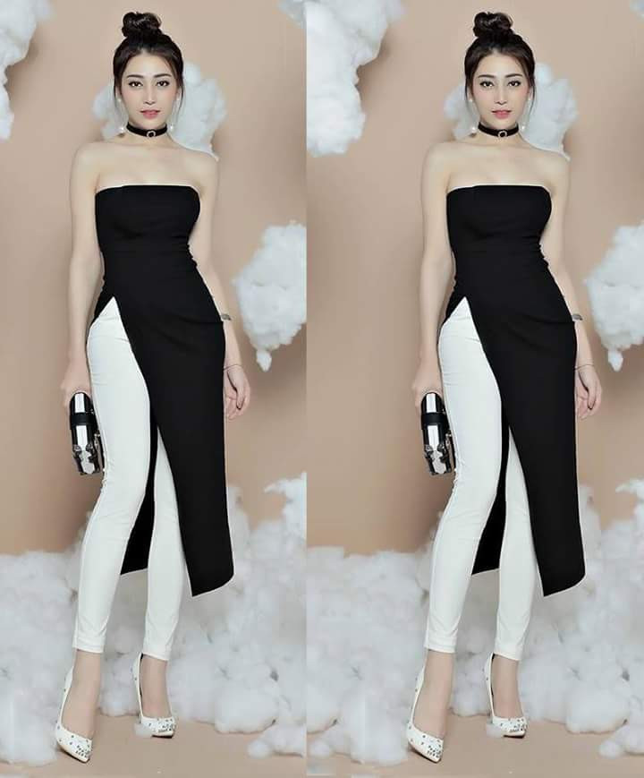 Áo quần kiểu áo dài và quần ôm kiểu dáng mới lạ (Áo trắng quần đen)