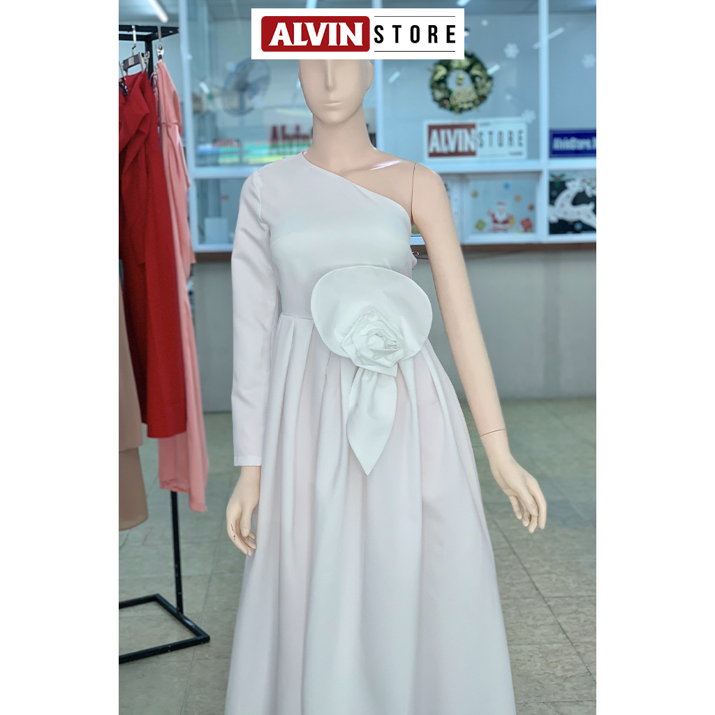 Đầm xoè kiểu tay dài lệch vai hoa eo (Đen)