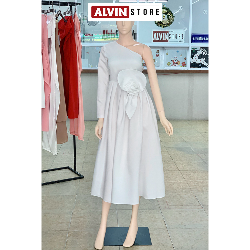 Đầm xoè kiểu tay dài lệch vai hoa eo (Trắng)