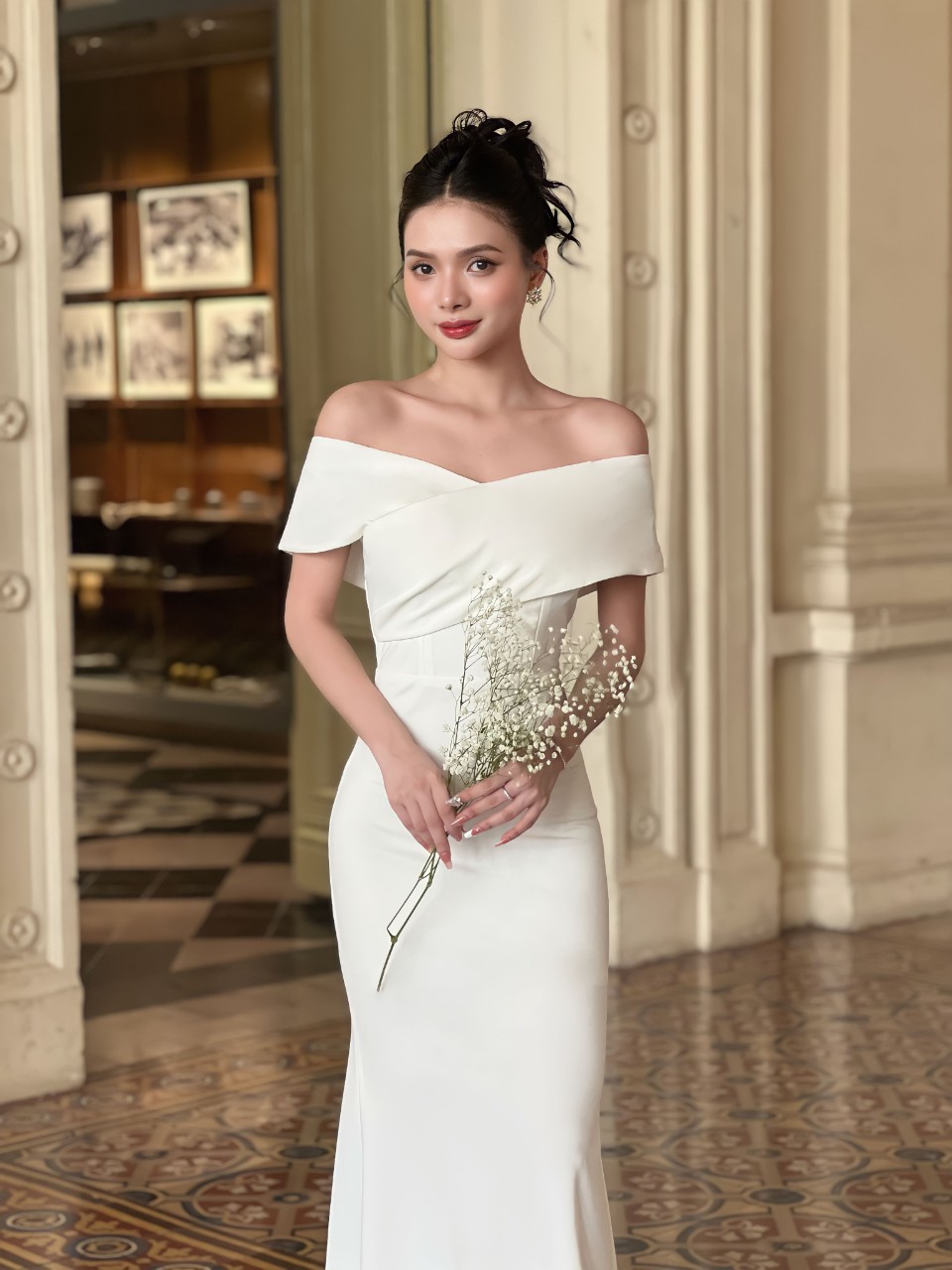 Đầm dự tiệc dáng dạ hội hở vai ngang váy cưới cô dâu đi bàn Alvin Store 1501
