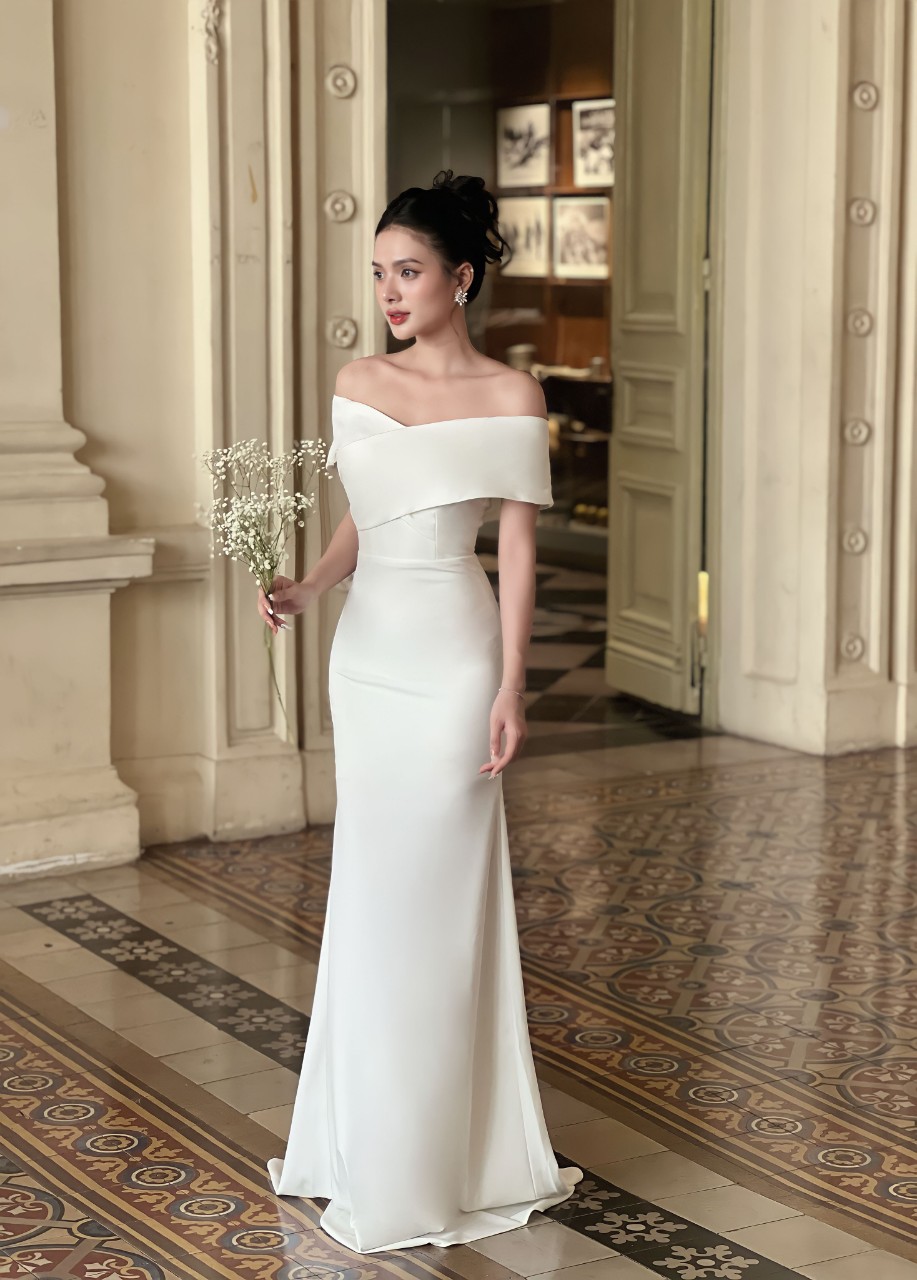 Đầm dự tiệc dáng dạ hội hở vai ngang váy cưới cô dâu đi bàn Alvin Store 1501