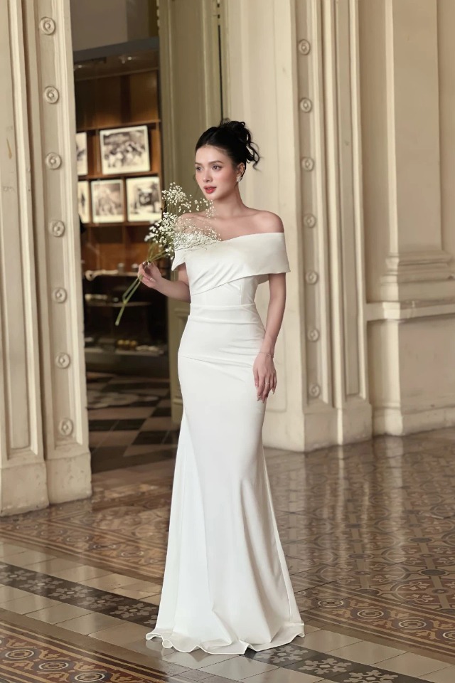 Đầm dự tiệc dáng dạ hội hở vai ngang váy cưới cô dâu đi bàn Alvin Store 1501