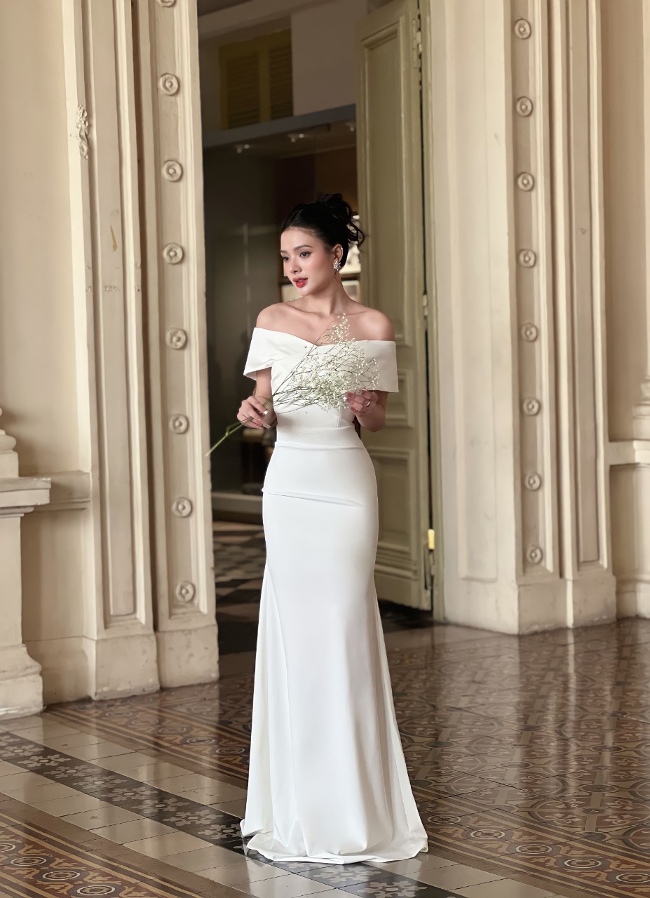 Đầm dự tiệc dáng dạ hội hở vai ngang váy cưới cô dâu đi bàn Alvin Store 1501