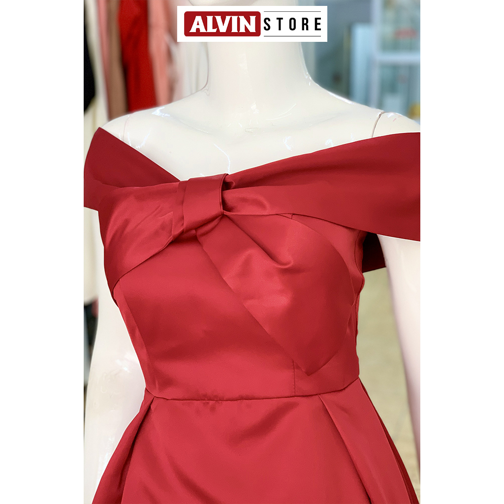 Đầm xòe dáng dài hở vai phối nơ ngực dự tiệc (Đỏ đô)