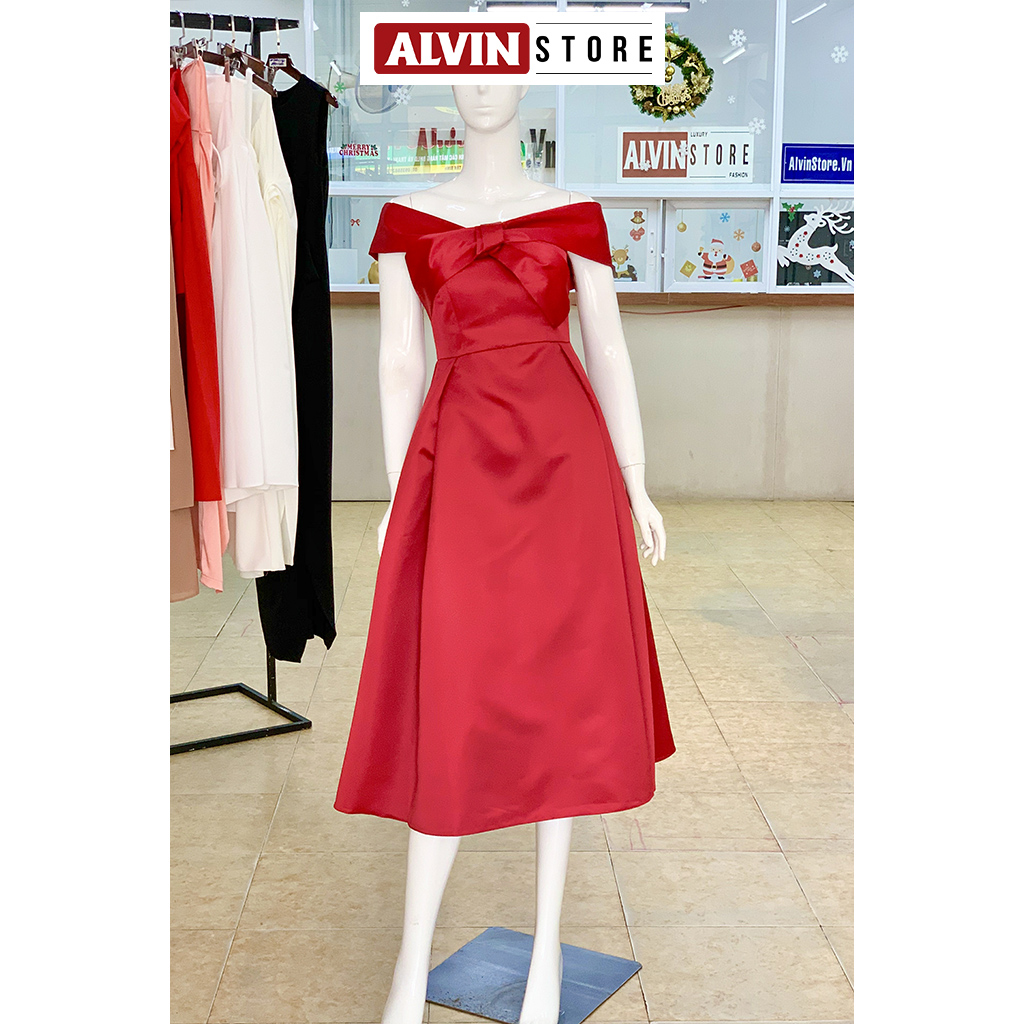 Đầm xòe dáng dài hở vai phối nơ ngực dự tiệc (Đỏ đô)