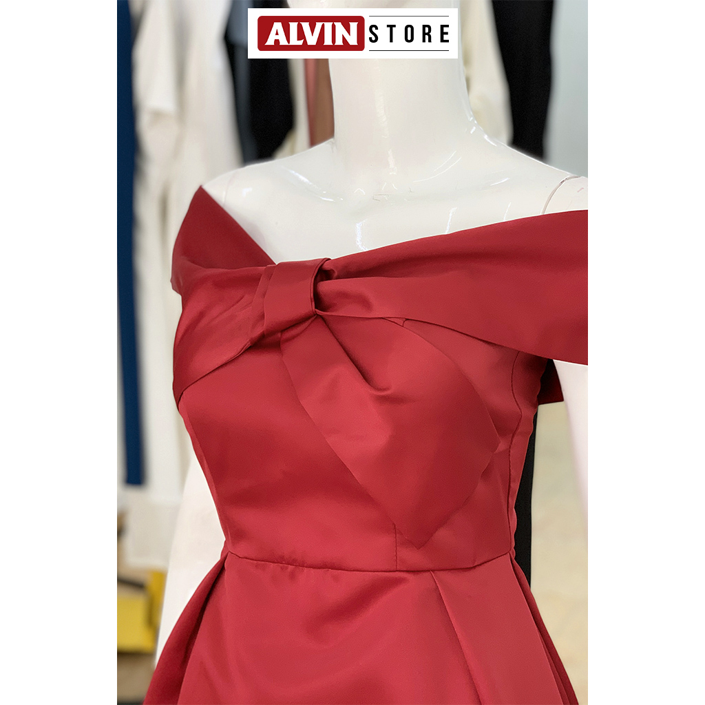 Đầm xòe dáng dài hở vai phối nơ ngực dự tiệc (Trắng)