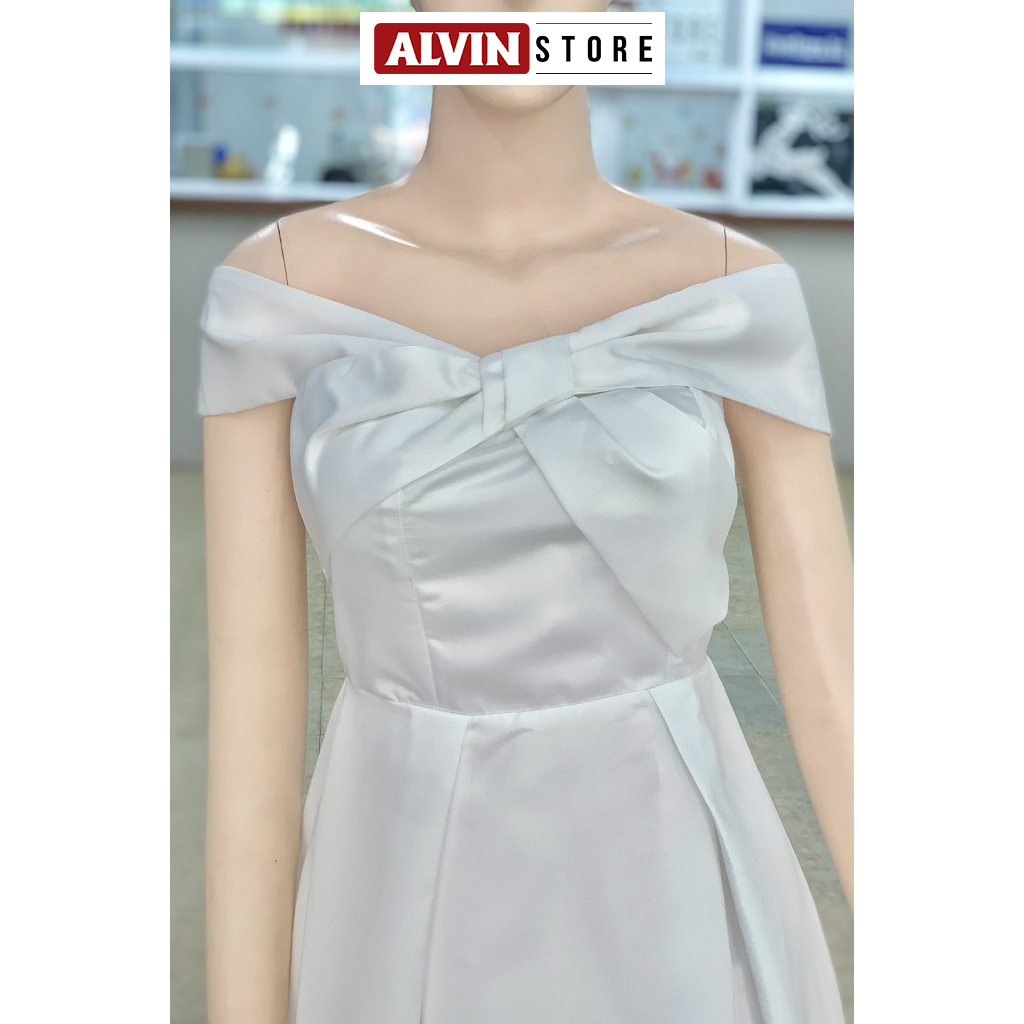 Đầm xòe dáng dài hở vai phối nơ ngực dự tiệc (Trắng)