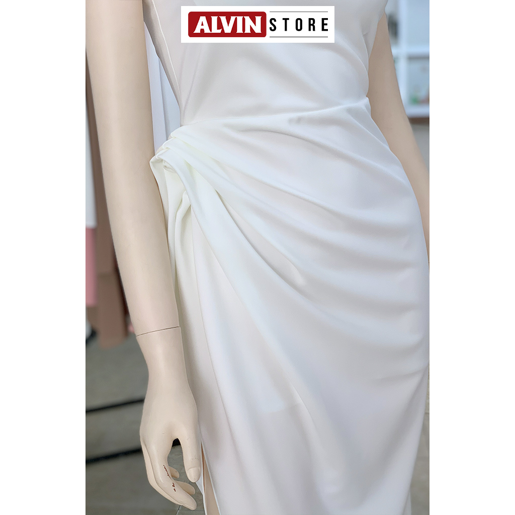 Đầm dạ hội lệch vai xẻ tà nhún eo dự tiệc (Trắng)