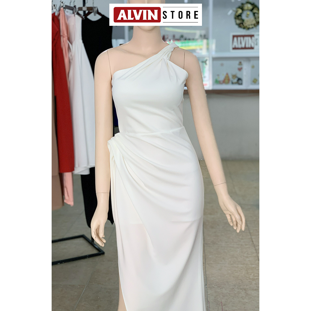 Đầm dạ hội lệch vai xẻ tà nhún eo dự tiệc (Trắng)