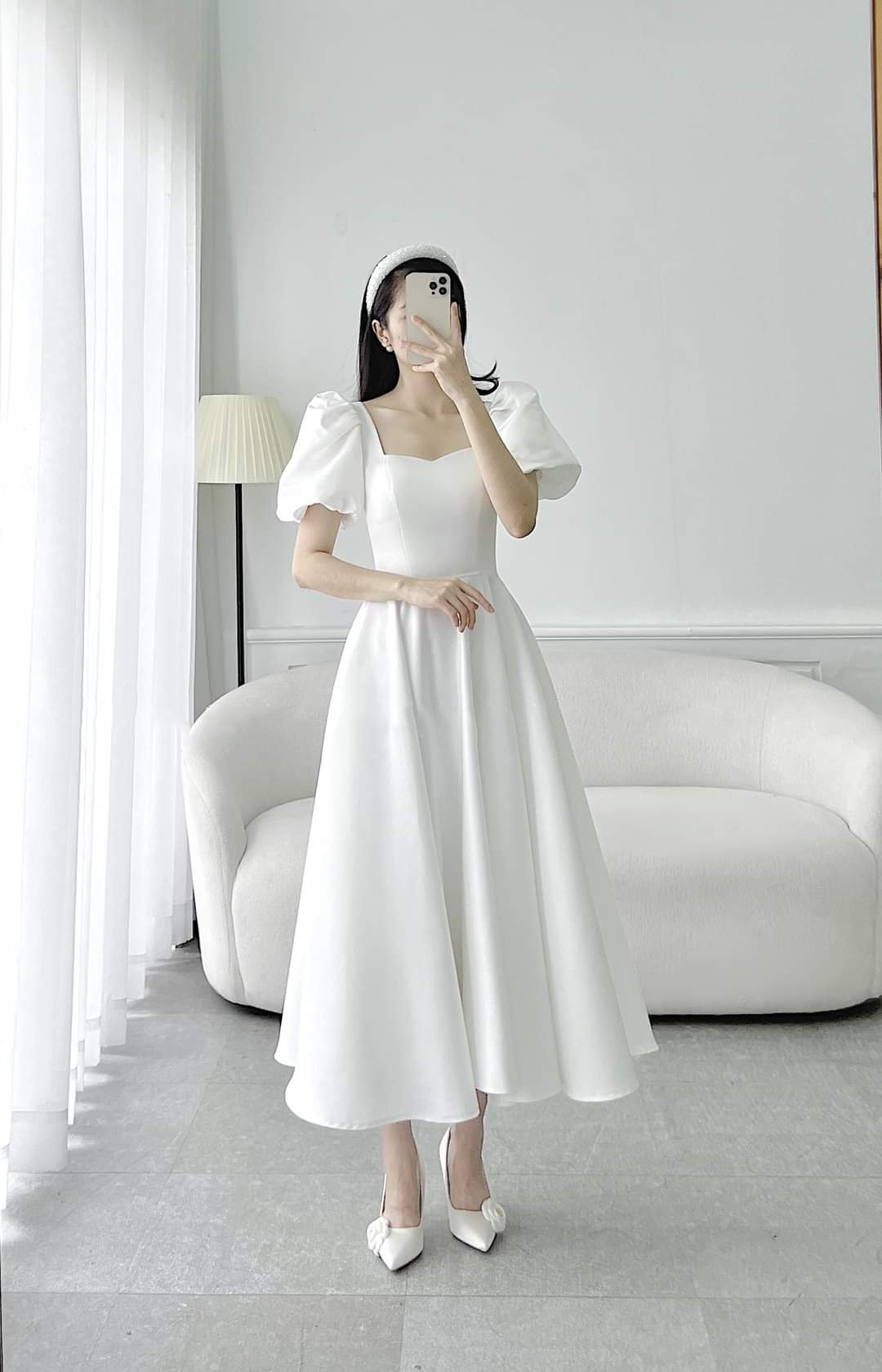 Đầm xòe dáng dài cúp ngực tay phồng