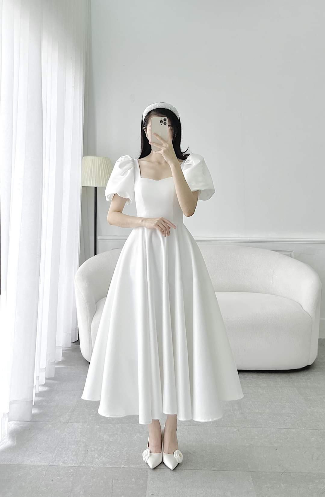 Đầm xòe dáng dài cúp ngực tay phồng
