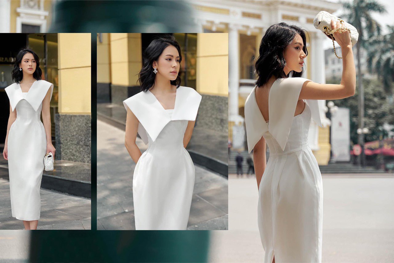 Đầm ôm body dáng dài sát nách phối bèo cổ