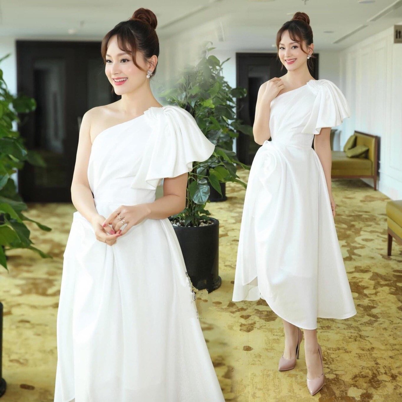 Đầm xòe dáng dài lệch vai tay bèo xoắn eo