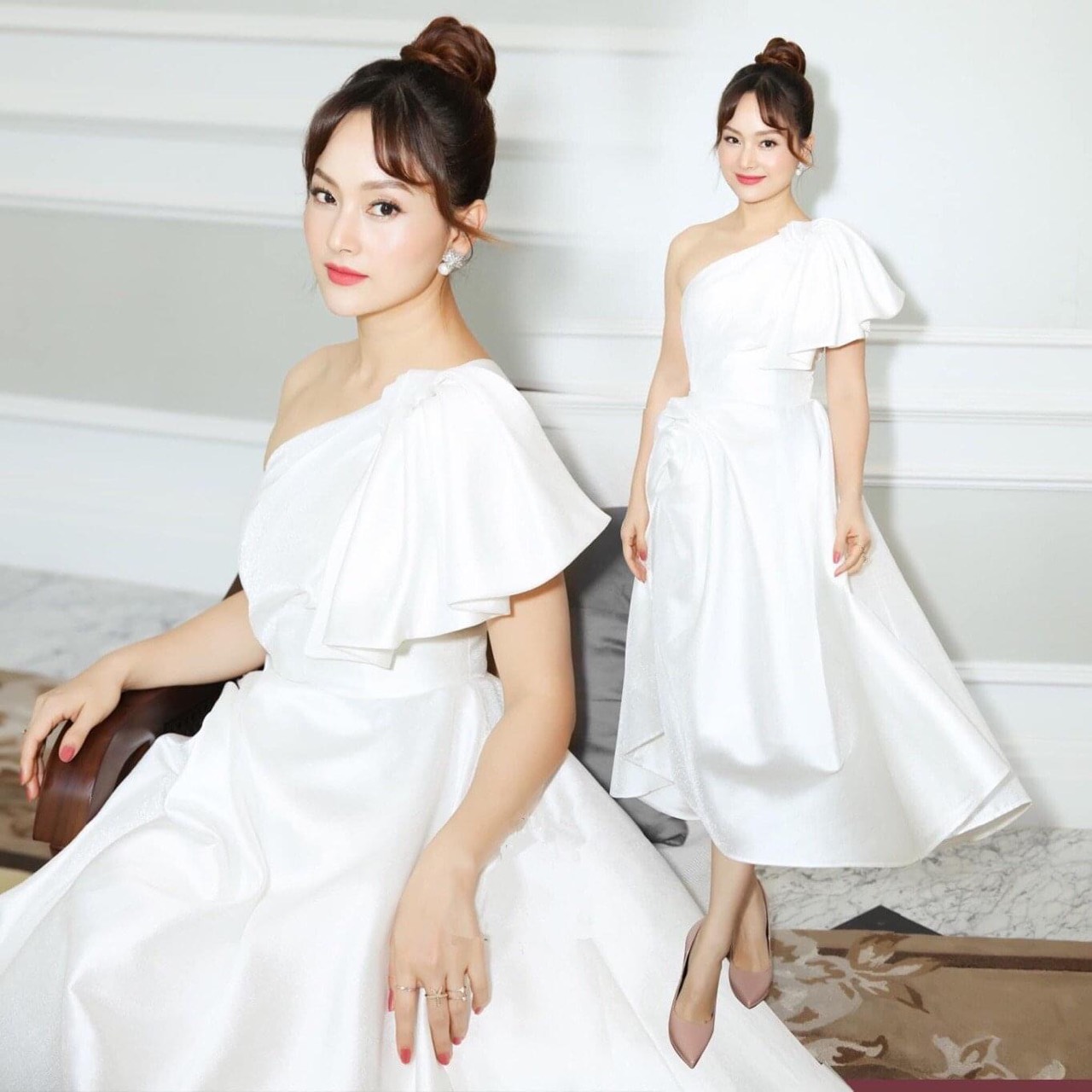 Đầm xòe dáng dài lệch vai tay bèo xoắn eo