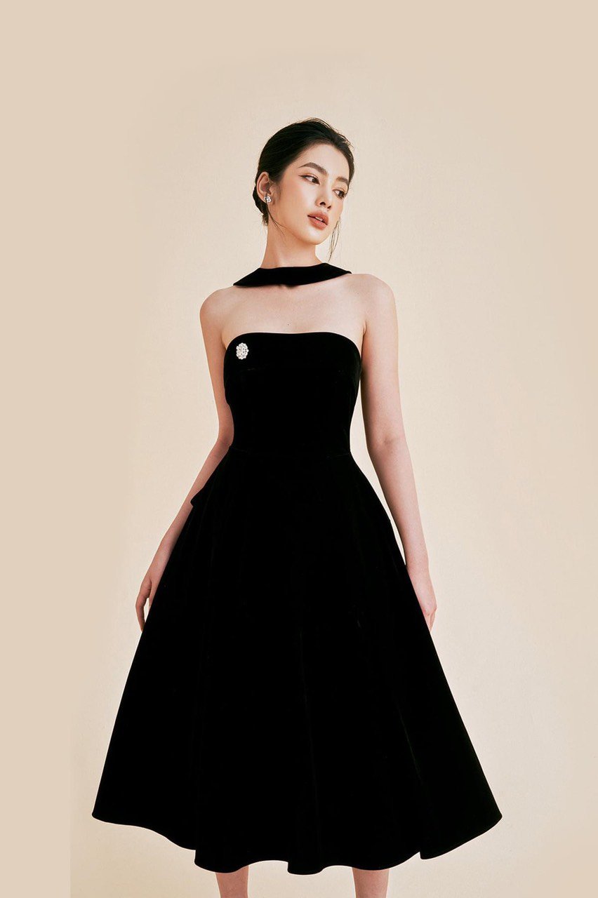 Đầm xòe dáng dài cúp ngực choàng cổ hai dây sau