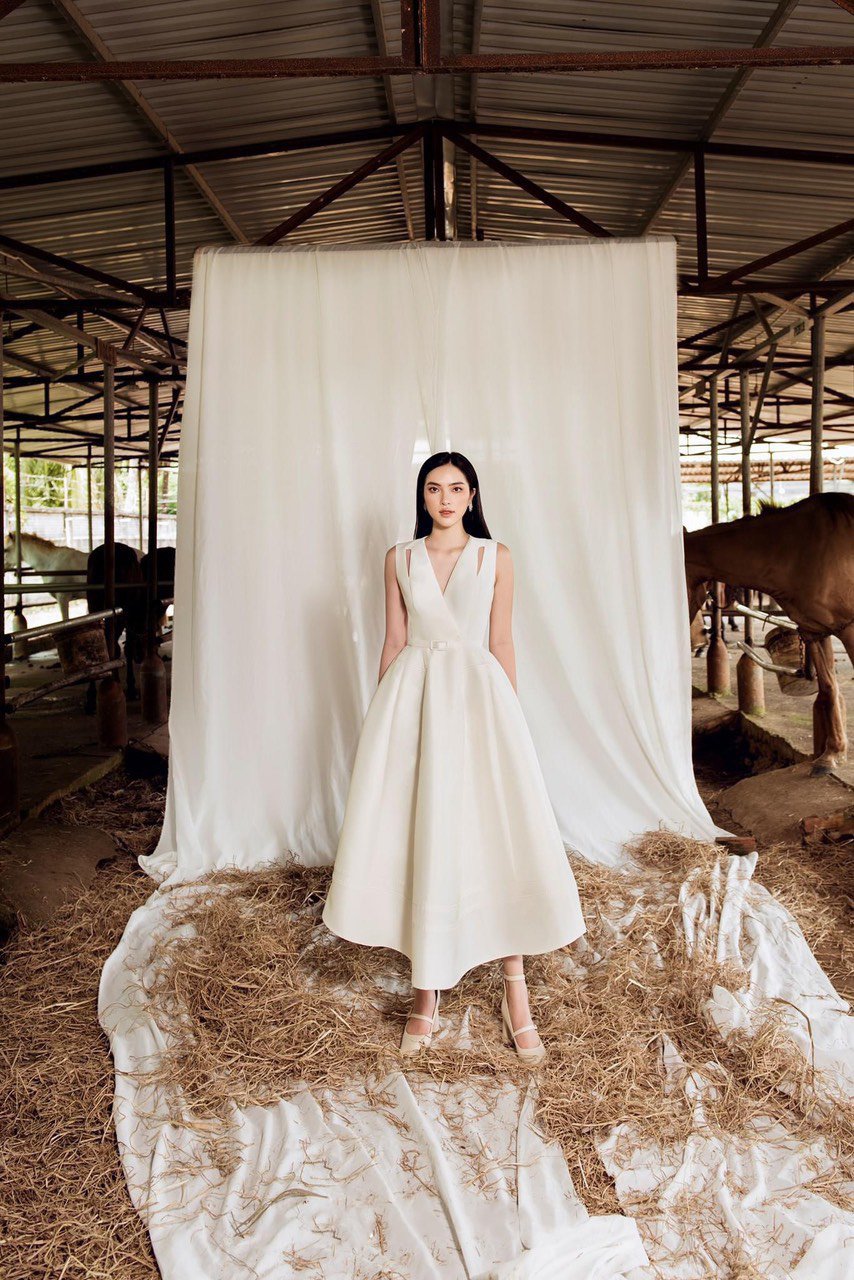 Đầm xòe dáng dài sát nách xẻ ngực phối túi (KHÔNG KÈM ĐAI)