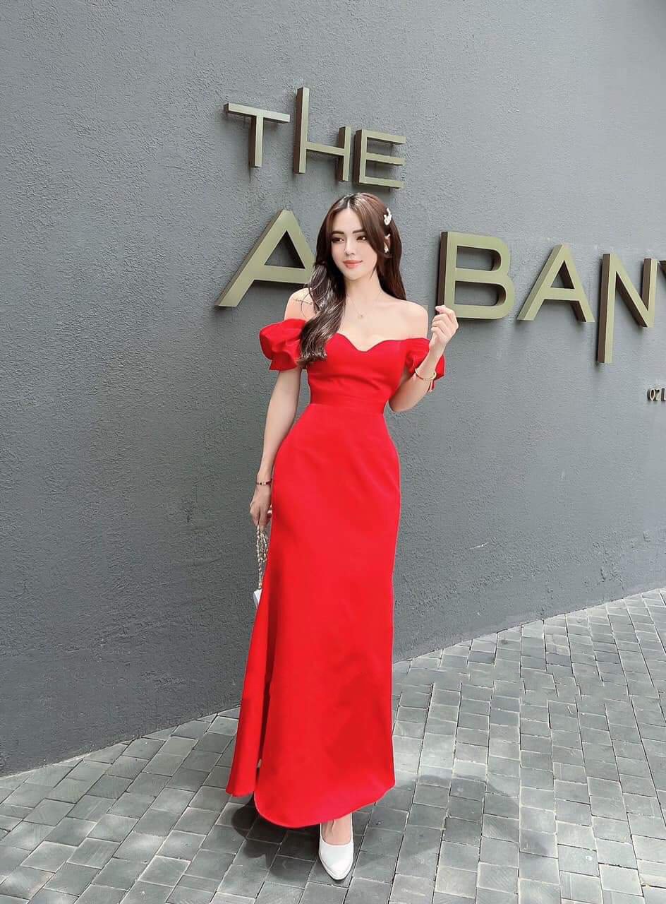 Đầm dạ hội hở vai ngang đuôi cá nhẹ phối lưới (Đỏ)