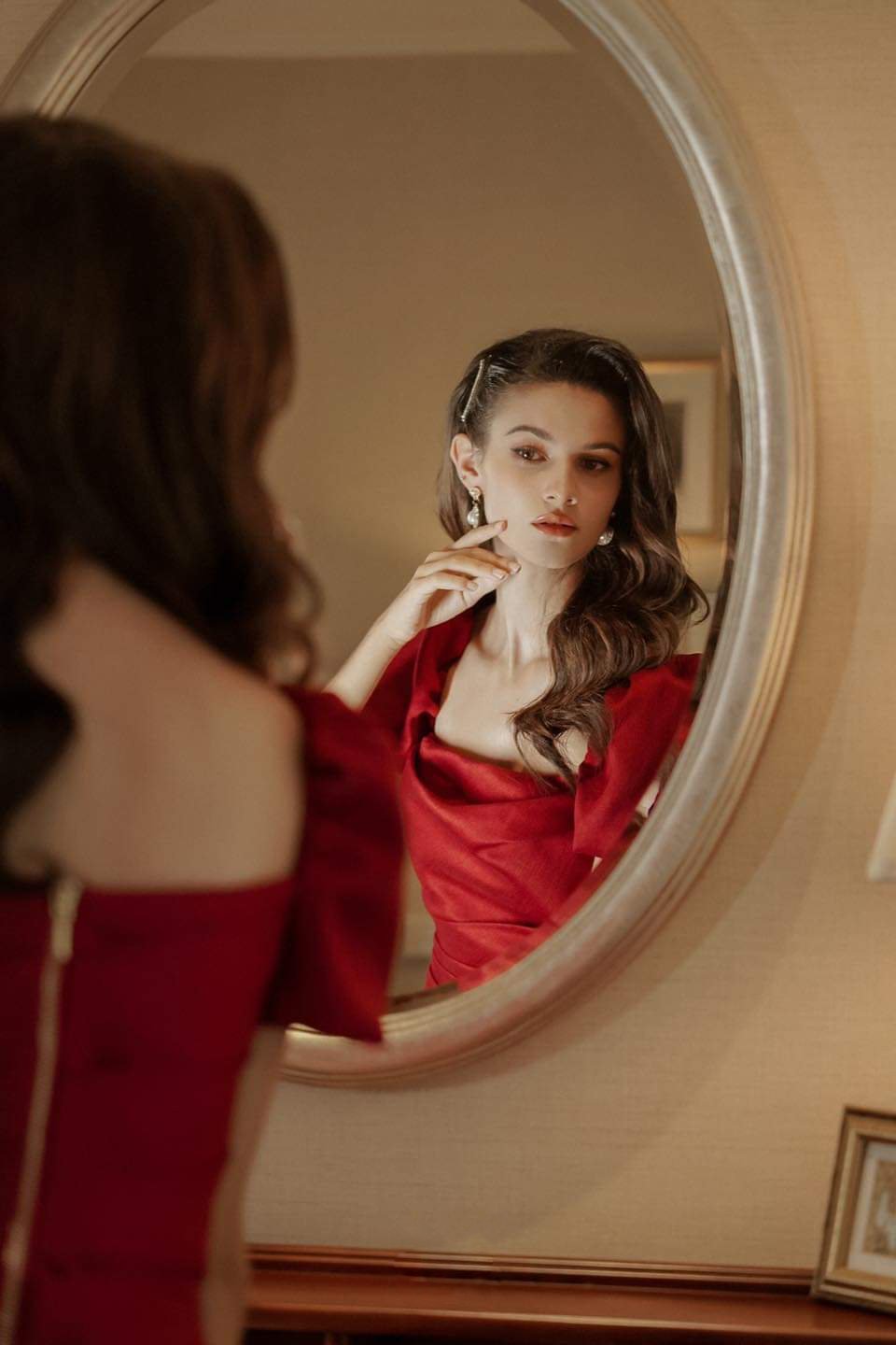 Đầm xòe bồng trên gối cúp ngực phối tay con (Hồng)