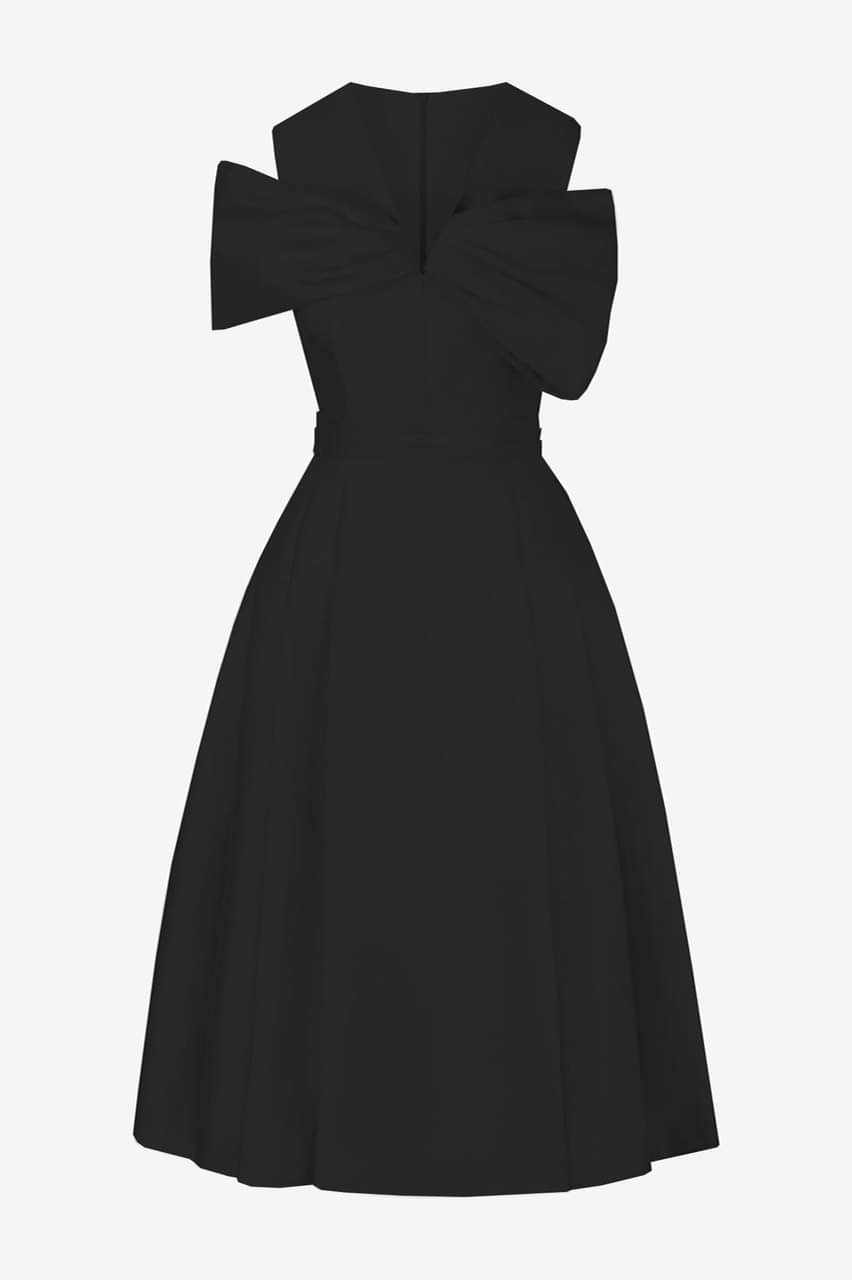 Đầm xòe hở vai cổ tim phối túi dự tiệc (Đen)