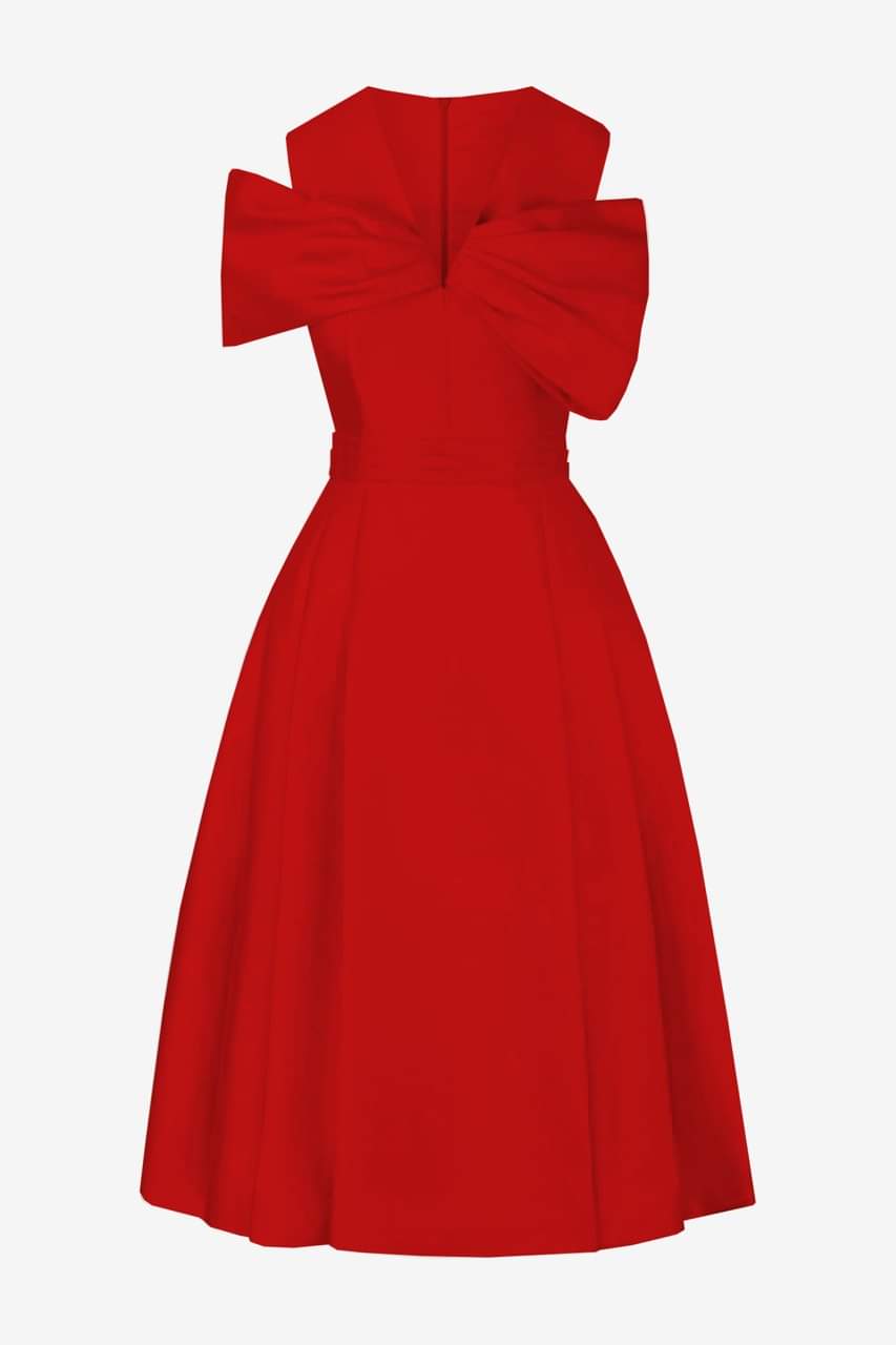 Đầm xòe hở vai cổ tim phối túi dự tiệc (Đỏ)