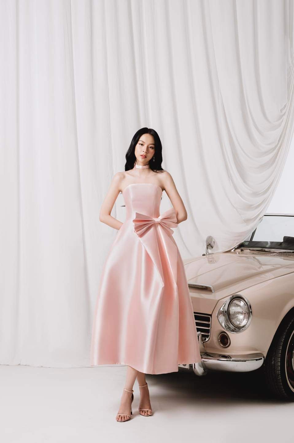 Đầm xòe dáng dài cúp ngực phối nơ eo kèm dây cổ dự tiệc sang trọng Alvin Store 1595 (Hồng)