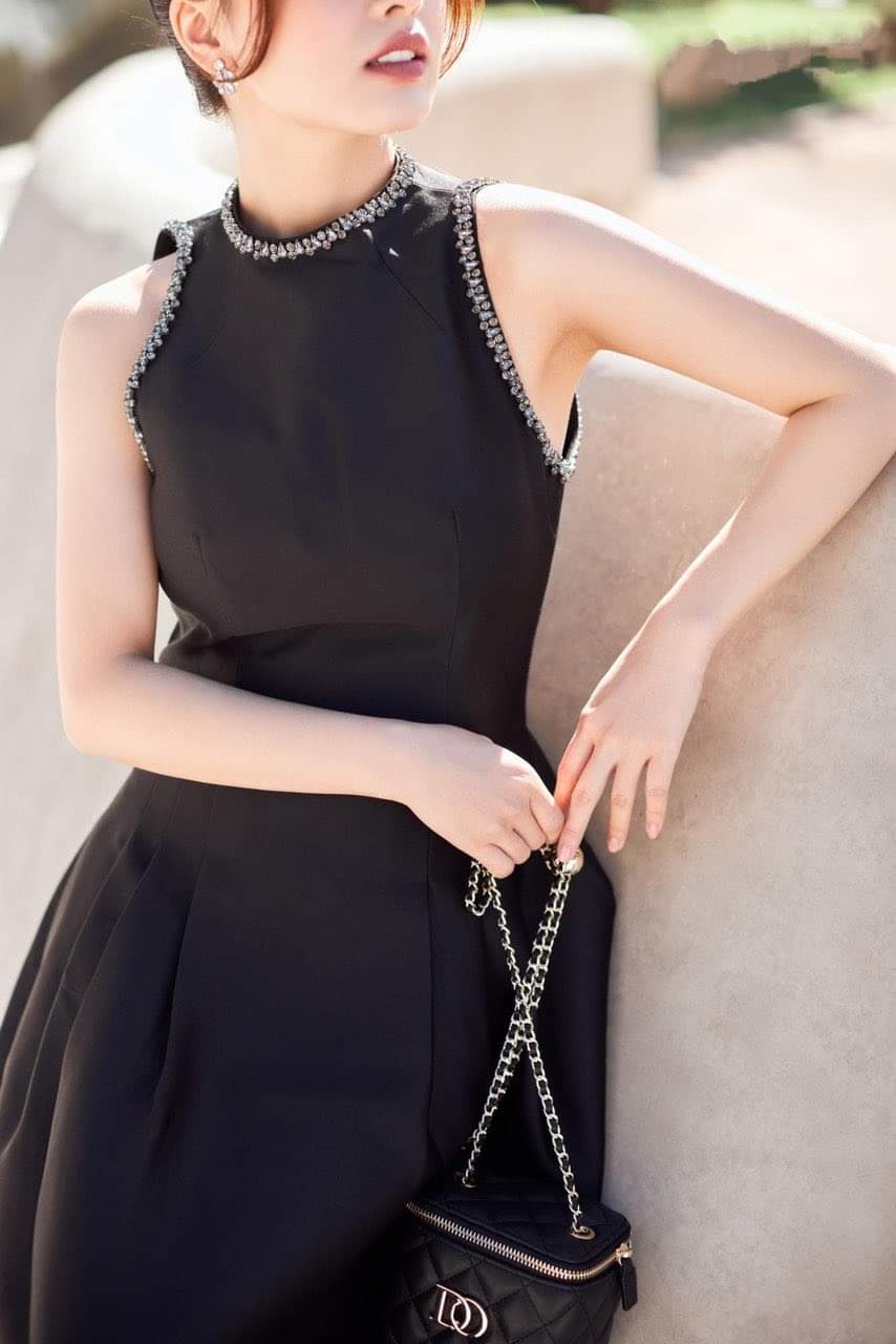 Đầm dự tiệc dáng xòe kiểu sát nách phối túi đính viền ngọc Alvin Store 1599 (Đen)