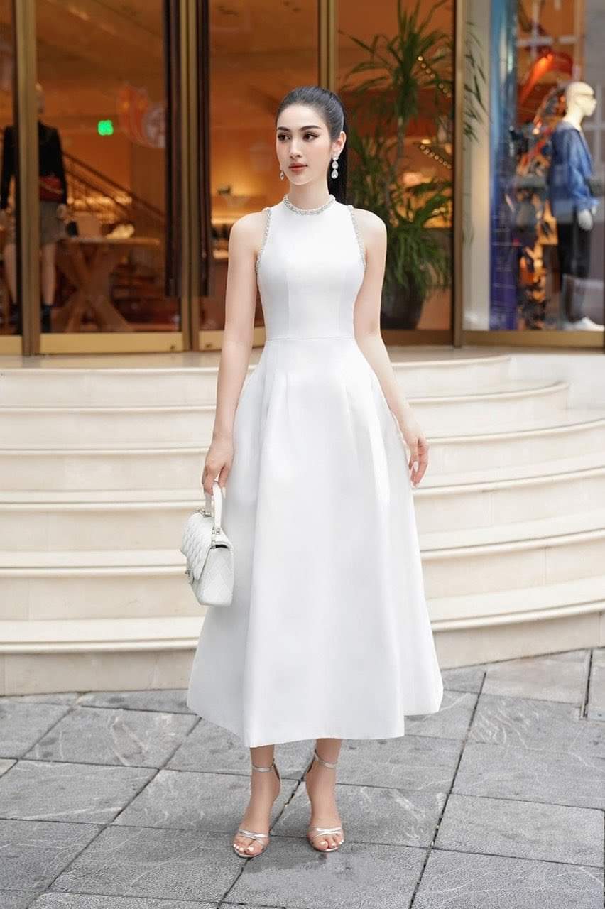 Đầm dự tiệc dáng xòe kiểu sát nách phối túi đính viền ngọc Alvin Store 1599 (Trắng)