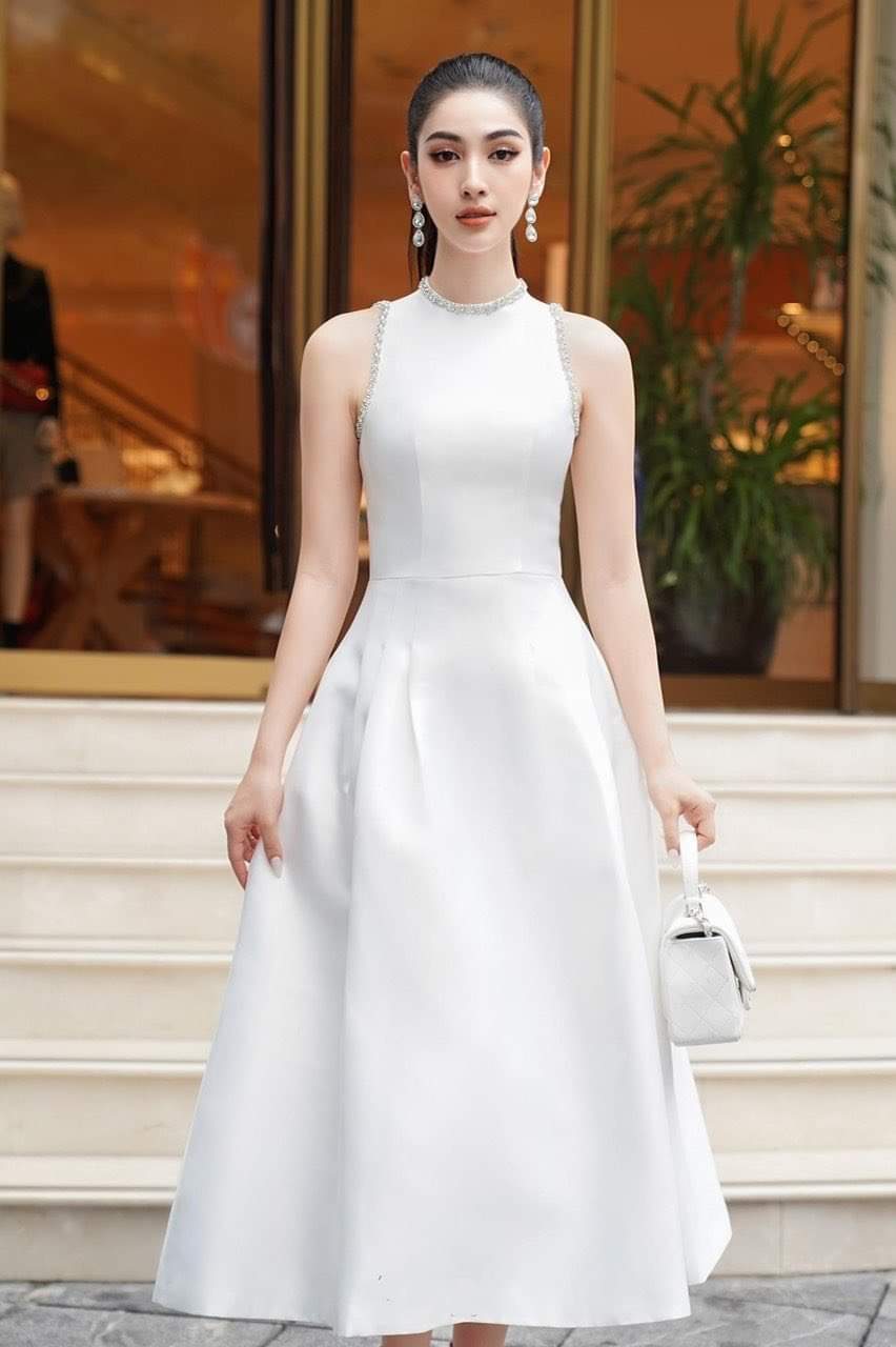 Đầm dự tiệc dáng xòe kiểu sát nách phối túi đính viền ngọc Alvin Store 1599 (Đen)