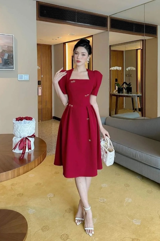 Đầm dự tiệc dáng xòe cúp tay con kèm nơ đá sang trọng Alvin Store 1605 (Đỏ)