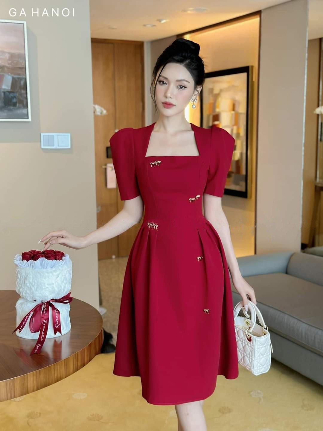 Đầm dự tiệc dáng xòe cúp tay con kèm nơ đá sang trọng Alvin Store 1605 (Đỏ)