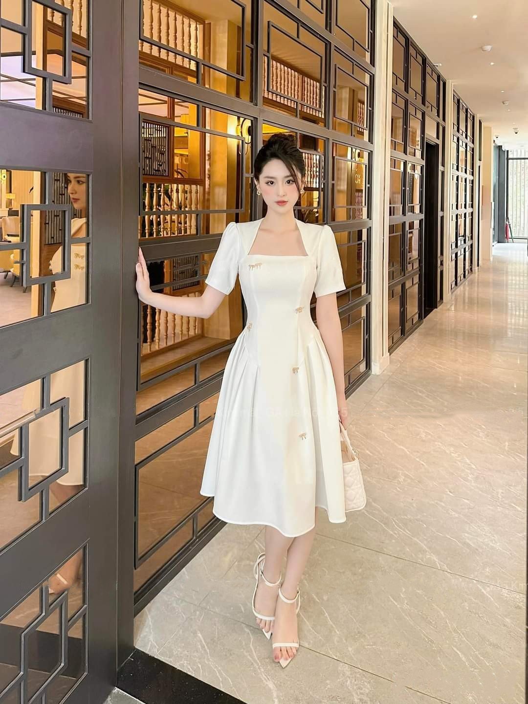 Đầm dự tiệc dáng xòe cúp tay con kèm nơ đá sang trọng Alvin Store 1605 (Đen)