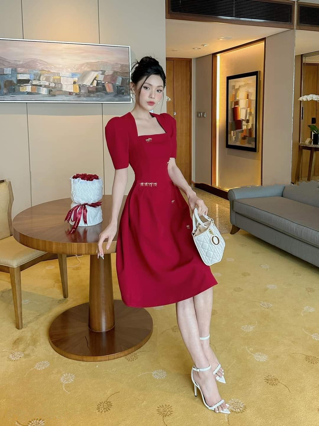 Đầm dự tiệc dáng xòe cúp tay con kèm nơ đá sang trọng Alvin Store 1605 (Đen)