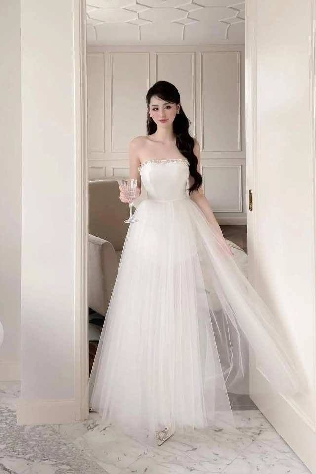 Đầm dự tiệc dáng dạ hội xòe cúp ngực đính đá phối lưới Alvin Store 1606