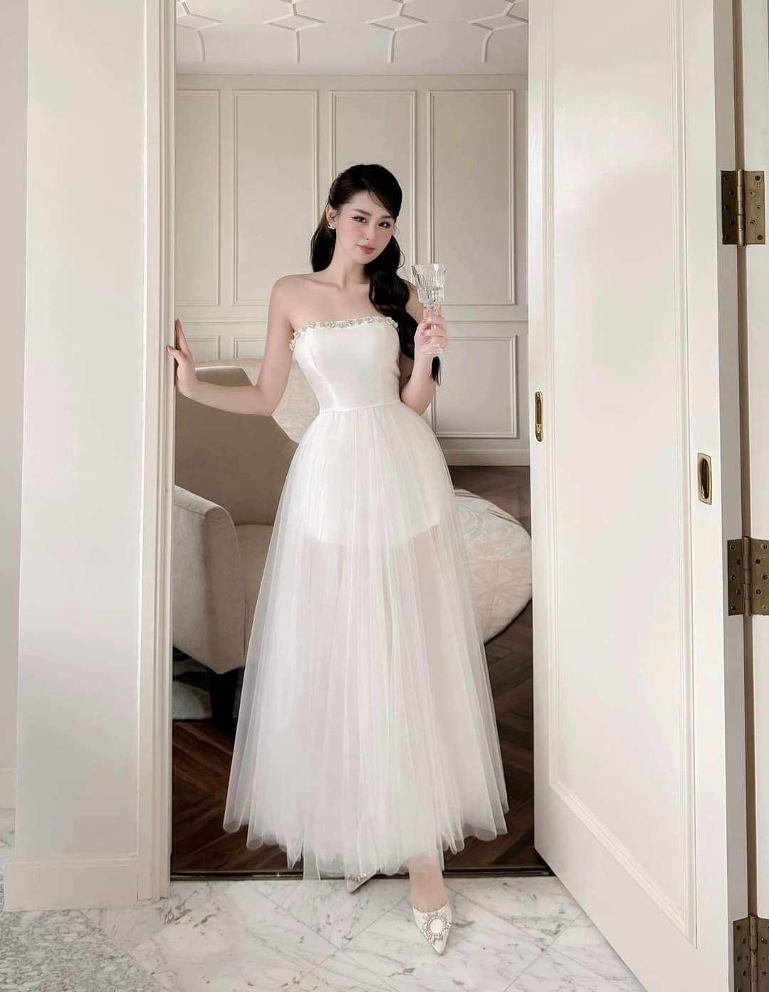 Đầm dự tiệc dáng dạ hội xòe cúp ngực đính đá phối lưới Alvin Store 1606