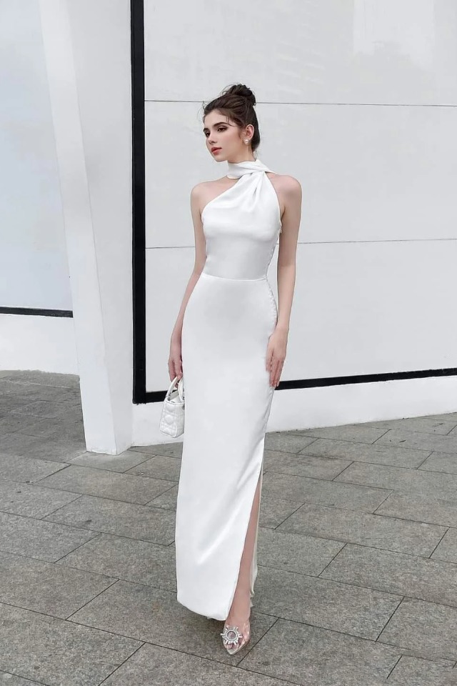 Đầm dự tiệc kiểu dạ hội dài choàng cổ xẻ tà sang trọng Alvin Store 1611 (Trắng)