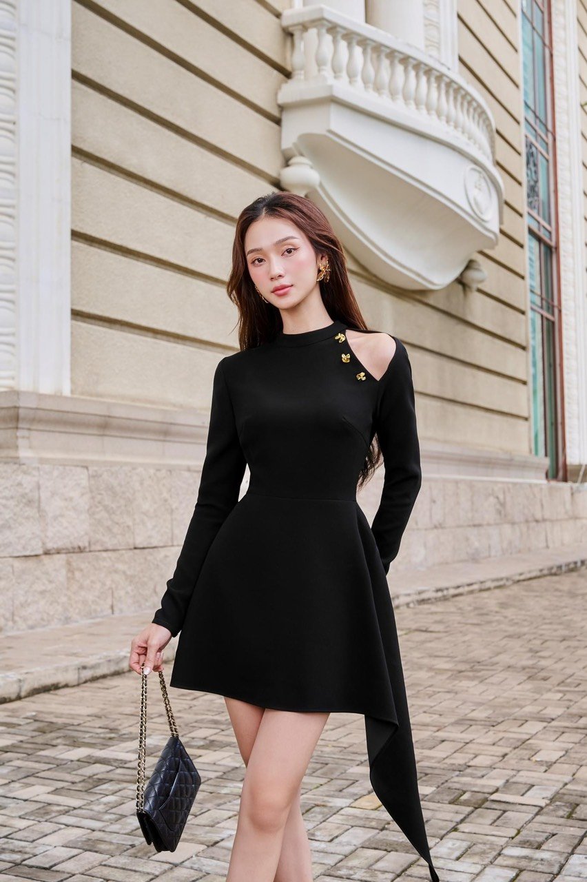 Đầm dự tiệc kiểu tay dài hở vai đính nút sang trọng Alvin Store 1612